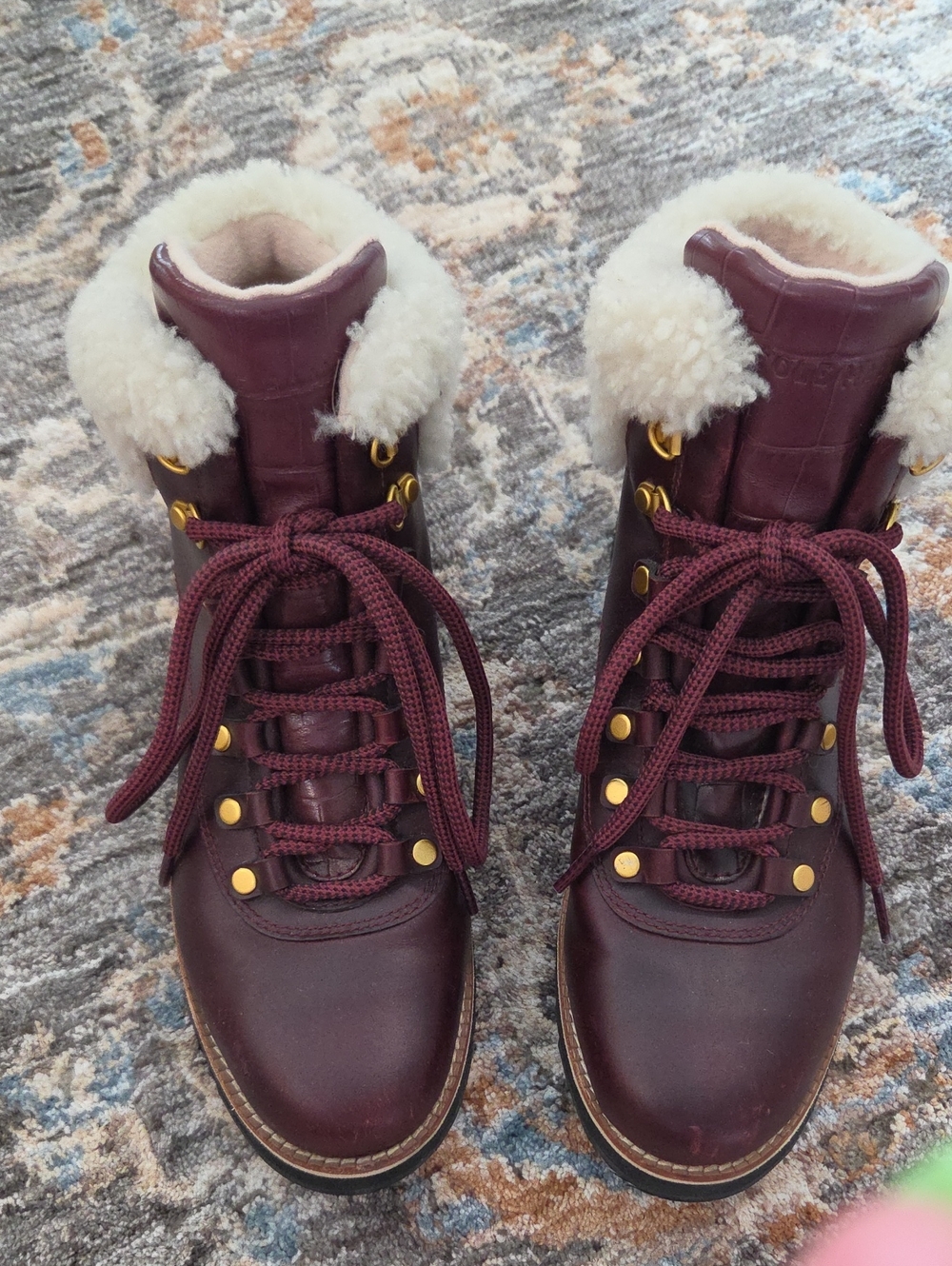 Cole Haan Womens Burgundy Shearling-Lined Winter Lace-Up Boots